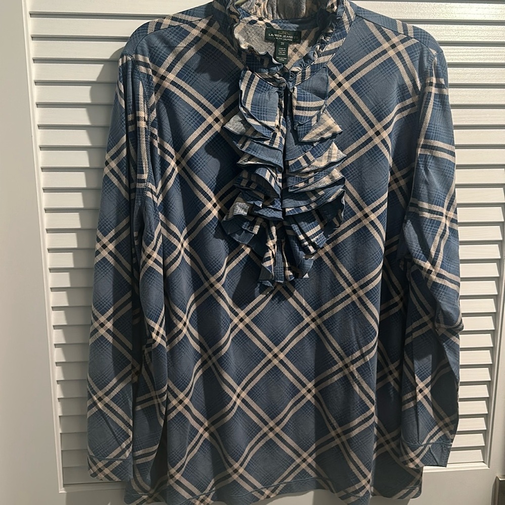 LRL Ralph Lauren Jeans Co Blue Square Ruffles Neck and Front Blouse 100% cotton.